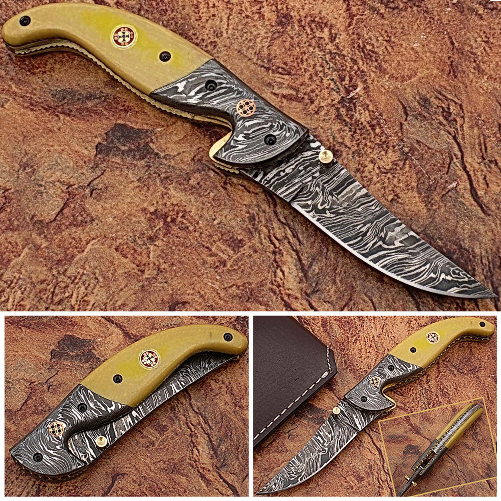 Alaska Mariners Folding Damascus Knife Pattern Welded Bolster Camel