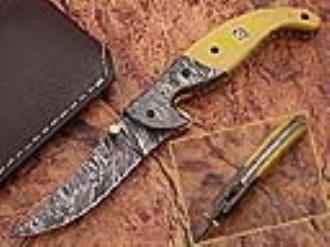 Alaska Mariners Folding Damascus Knife Pattern Welded Bolster Camel Bone Grip