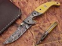 FDM-2528 - Alaska Mariners Folding Damascus Knife Pattern Welded Bolster Camel Bone Grip