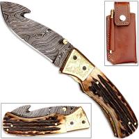 FDM-2536 - Forged Damascus Folding Knife Guthook Stag Handle Engraved Brass
