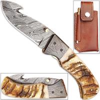 FDM-2537 - Handmade Folding Guthook Knife Ram Horn Handle Damascus Bolster