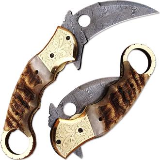Exotic Karambit Damascus Folding Knife Ram Horn Grip Engraved Br