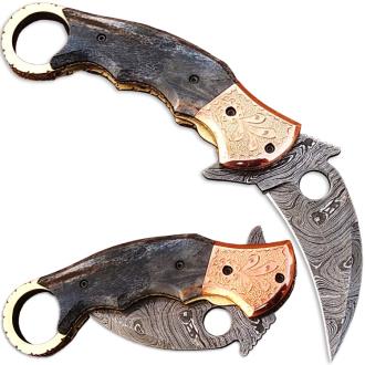 Ka-Rambo Damascus Folding Knife Karambit Giraffe Bone w Engrav