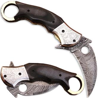Ka-Rambo Damascus Folding Knife (Karambit) Micarta w Engraved St