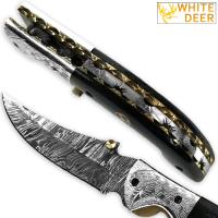 FDM-2555 - White Deer Bird of Prey Damascus Folding Knife White Copper Bolstering