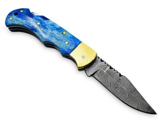 White Deer Executive Series Damascus Folding Knife Blue Camel Bone Handle