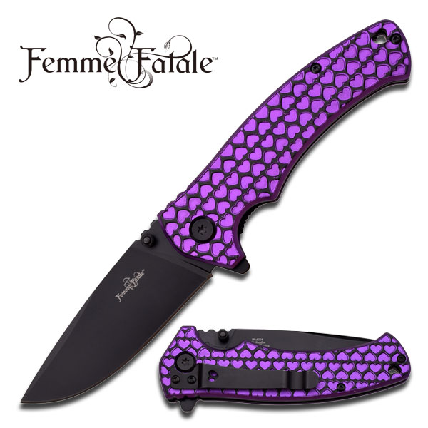 Femme Fatale Assisted Opening Knife Black Purple Hearts Handle