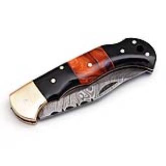 White Deer Executive Series Damascus Folding Knife Brass Filework Resin Handle