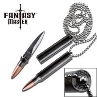 ST-654 - Fantasy Master 30-06 Bullet Replica Neck Knife w Chain Fixed Blade 3.25in 1:1 Scale
