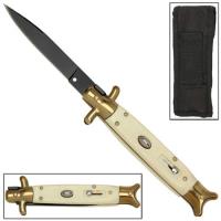 GBS23 - Italian Mobster Switchblade Stiletto Ivory Gold Handle Knife