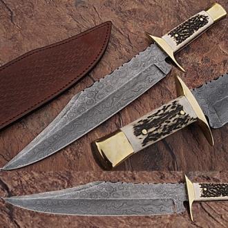 Custom Made Damascus Steel Bowie Hunting Knife with Stag Horn Handle