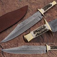 GDM-03 - Custom Made Damascus Steel Bowie Hunting Knife w/ Stag Horn Hand