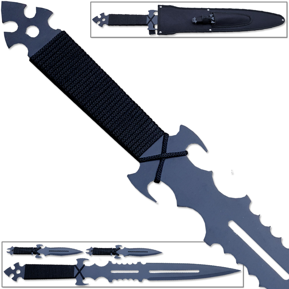 30 Anodized Ninja Fantasy Sword 2 Throwing Knives Nylon Sheath Shoulder  Strap