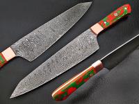 WSDM-2313 - ULTRA SHARP Santoku Forged Chef Knife Damascus Steel Red/Green Resin Grips by White Deer