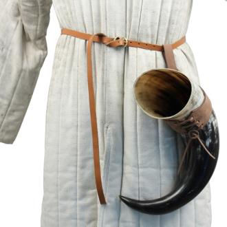 XL Drinking Horn with Brown Leather Belt Frog