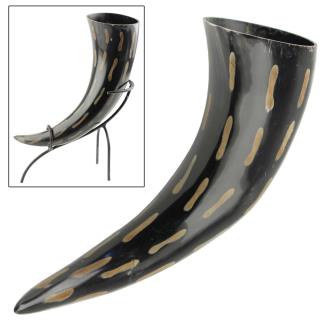 Fire Burned Medieval Drinking Horn with Metal Stand