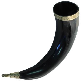 Brass Adorned Medieval Drinking Horn with Metal Stand