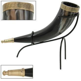 Brass Adorned Viking Drinking Horn with Metal Stand