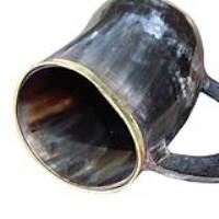 IN60834 - The Hooded Raven Functional Pure Brass Rimmed Drinking Horn Mug Tankard Pouch Included
