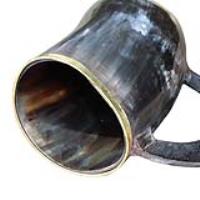 IN60834 - The Hooded Raven Functional Pure Brass Rimmed Drinking Horn Mug Tankard Pouch Included