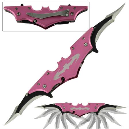 Double Bladed Spring Assisted Pink Bat Pocket Knife