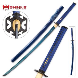 Shinwa Azure Sea Lily Hand-Forged Carbon Steel Katana w/ Blue Wooden Scabbard