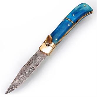 Lever Lock Ventura Blue Damascus Steel Knife