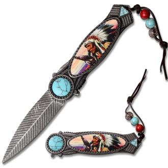 American Indian Styled Blue Spring Assisted Knife 3CR13 Steel Blue