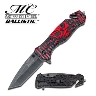 Masters Collection Tactical Knife Red Black Skull Tanto AssistOpen Glass Breaker