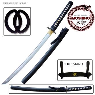 Wakizashi Moshiro High Carbon Steel Unsharpened Iaito W/Free Stand