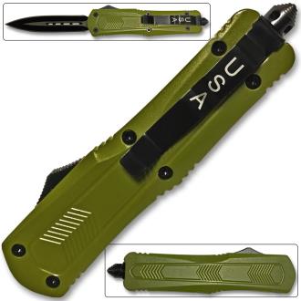 Spear Point OTF Knife Out The Front Assisted Open Tactical Glass Breaker Straight Edge Green Handle