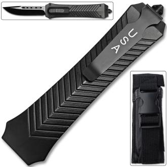 Straight Sharp Edge OTF Knife Out The Front Assisted Open Tactical Glass Breaker Black Handle
