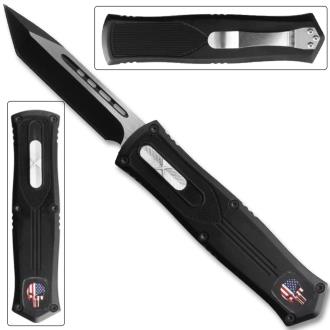 Straight Edge American Flag Skull OTF Knife Clip Plain USA