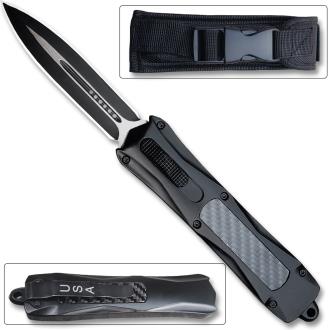 Spear Point OTF Knife Out The Front Tactical Straight Edge Black Carbon Fiber Handle