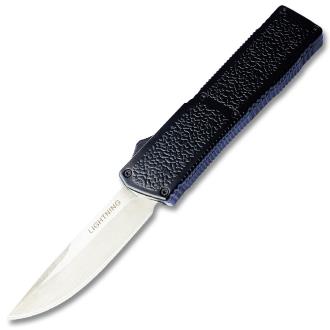 Lightning Black Handle OTF Automatic Silver Drop Point Blade