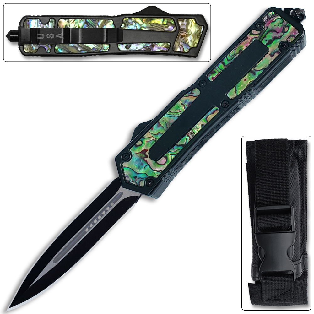 Black Hills Black OTF Switchblade Knife Double Edge Blade with Glass