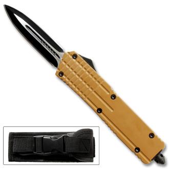 Brown Spear Point OTF Out The Front Assisted Open Tactical Glass Breaker Brown Handle
