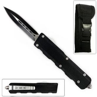 Spear Edge Black Flagship OTF Switchblade Knife with Comfort Groove Handle Double Edge