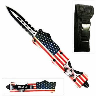 Punisher Swift OTF Knife Double Serrated Edge Blade American Flag