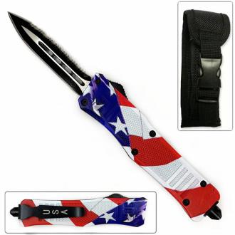 American Flag Swift OTF Knife Single Edge Serrated Top Edge Blade