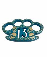 BR-250-SKBP-13 - Heavy Duty Real Brass Knuckles Skeleton With 13 &amp; Blue Patina