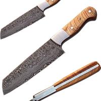 SDM-2149 - Handmade Damascus Tanto Blade Olive Wood Handle Chef Knife