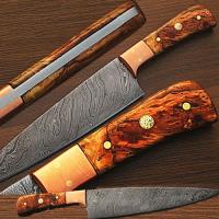 SDM-2215 - Custom Made Damascus Copper Guard Chef Knife Olive Wood Handle