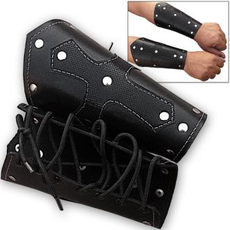 Biker Leather Cuffs Pair Iron Cross Bracers Arm Armor Harley Black Studded