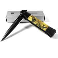 SP-43CA - Stiletto Milano Godfather Kissing Crane Knives Legal Assisted Opening Knife Woodland Camo