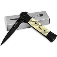 SP-43WT - Stiletto Godfather Milano Kissing Crane Knife Legal Assisted Opening Knives White Pearl
