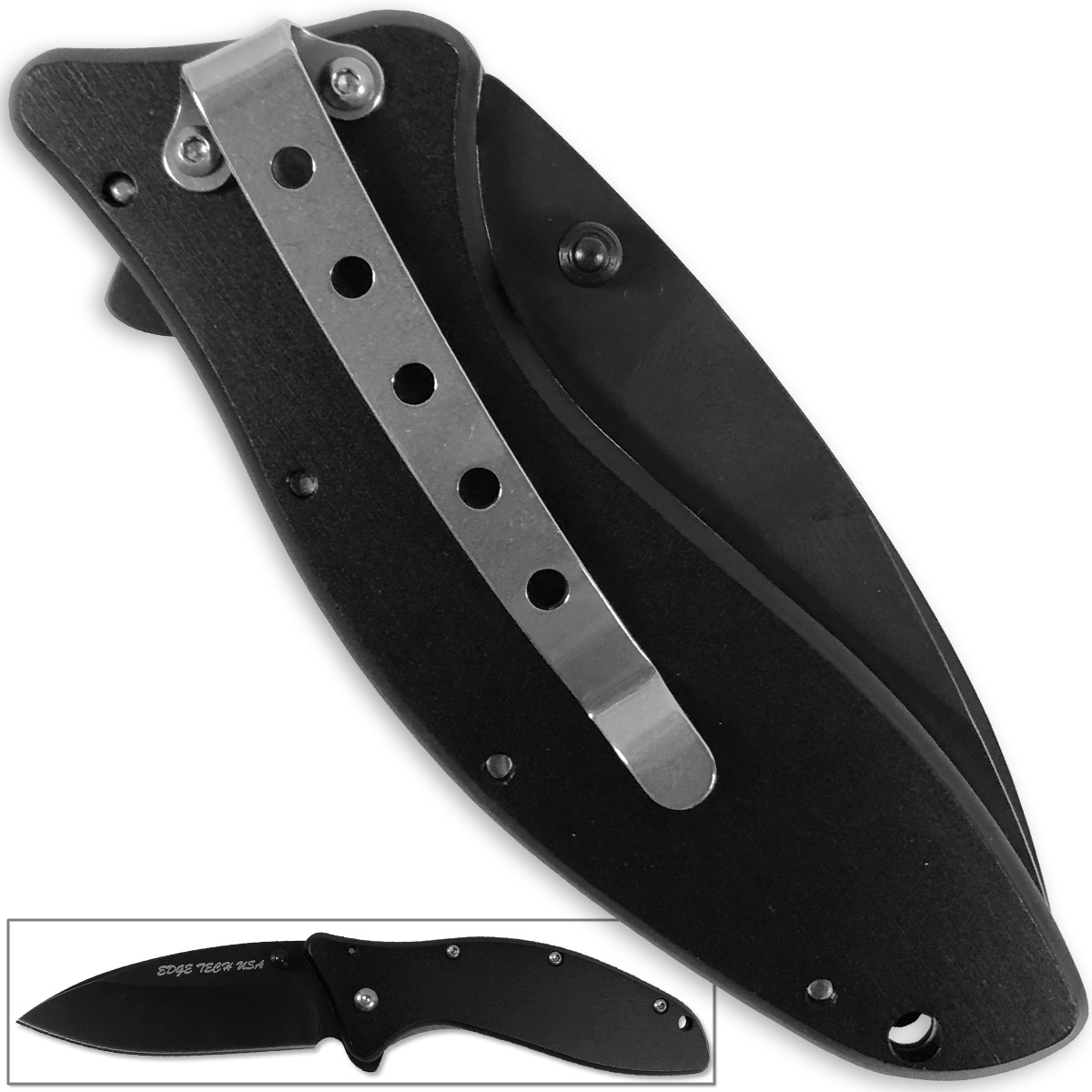 Edge Tech USA Quick Open Knife Folding Pocket All Black Pro EDC Drop Point