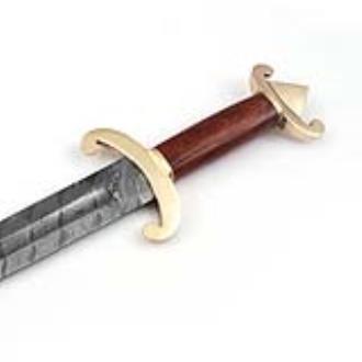 Carolingian Revival Forged Damascus Sword Triangle Brass Pommel Leather Sheath Included