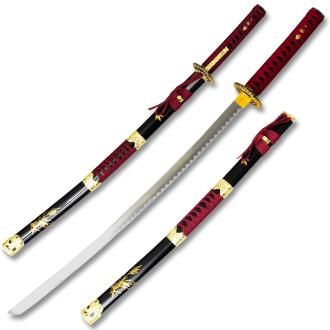 38.5 Overall Red Samurai Sword with Attached Throwing Knife