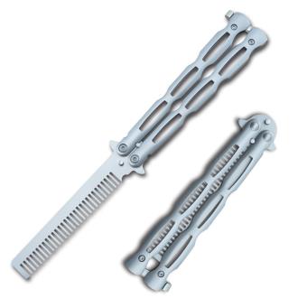 Satin Silver Stainless Steel Folding Butterfly Balisong Comb Trainer